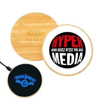 Round Light Up Logo Bamboo Wireless Charger