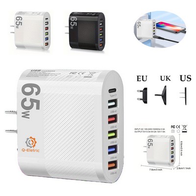 65W PD USB Charger 6 Ports USB Type C Adapter Quick Charge 3.0 Fast Charging